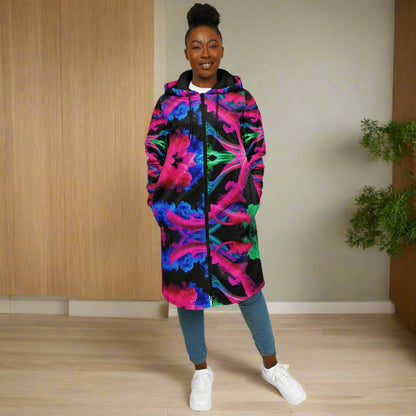 Neon Spectrum Cymatic Zip Cloak – Bold, Futuristic & Ultra-Cozy Longline Jacket