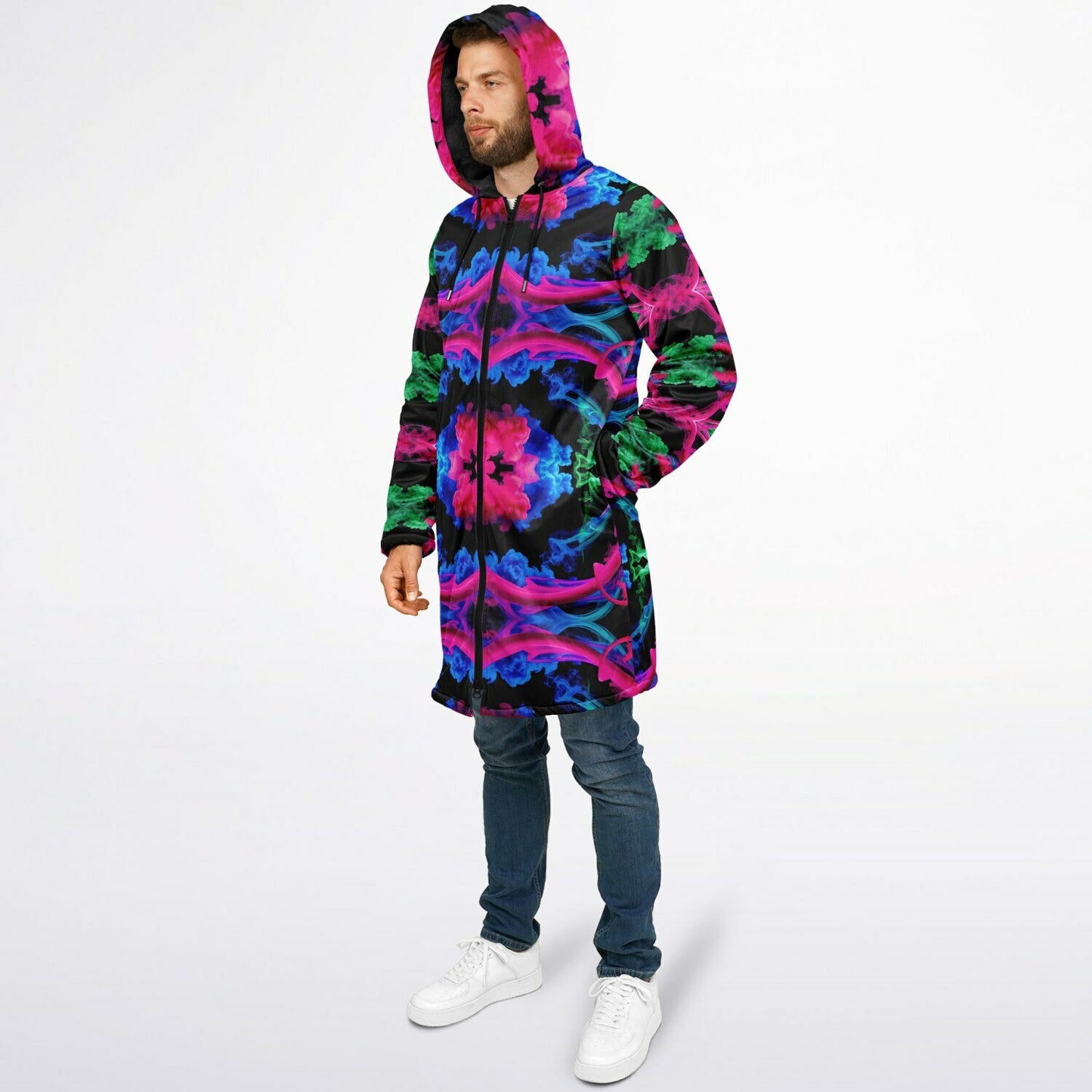 Neon Spectrum Cymatic Zip Cloak – Bold, Futuristic & Ultra-Cozy Longline Jacket