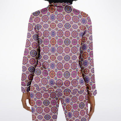 Luxury Pink Geometric Women’s Satin Pyjamas – All-Over Print Elegant Sleepwear, Soft & Comfortable Pajama Set for Women