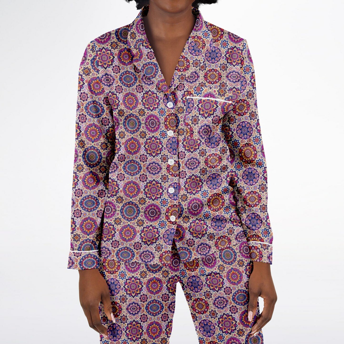 Luxury Pink Geometric Women’s Satin Pyjamas – All-Over Print Elegant Sleepwear, Soft & Comfortable Pajama Set for Women