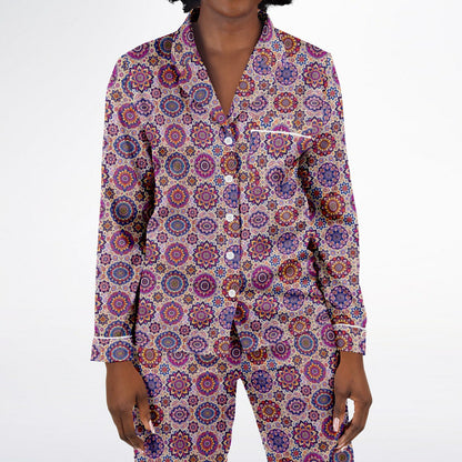 Luxury Pink Geometric Women’s Satin Pyjamas – All-Over Print Elegant Sleepwear, Soft & Comfortable Pajama Set for Women