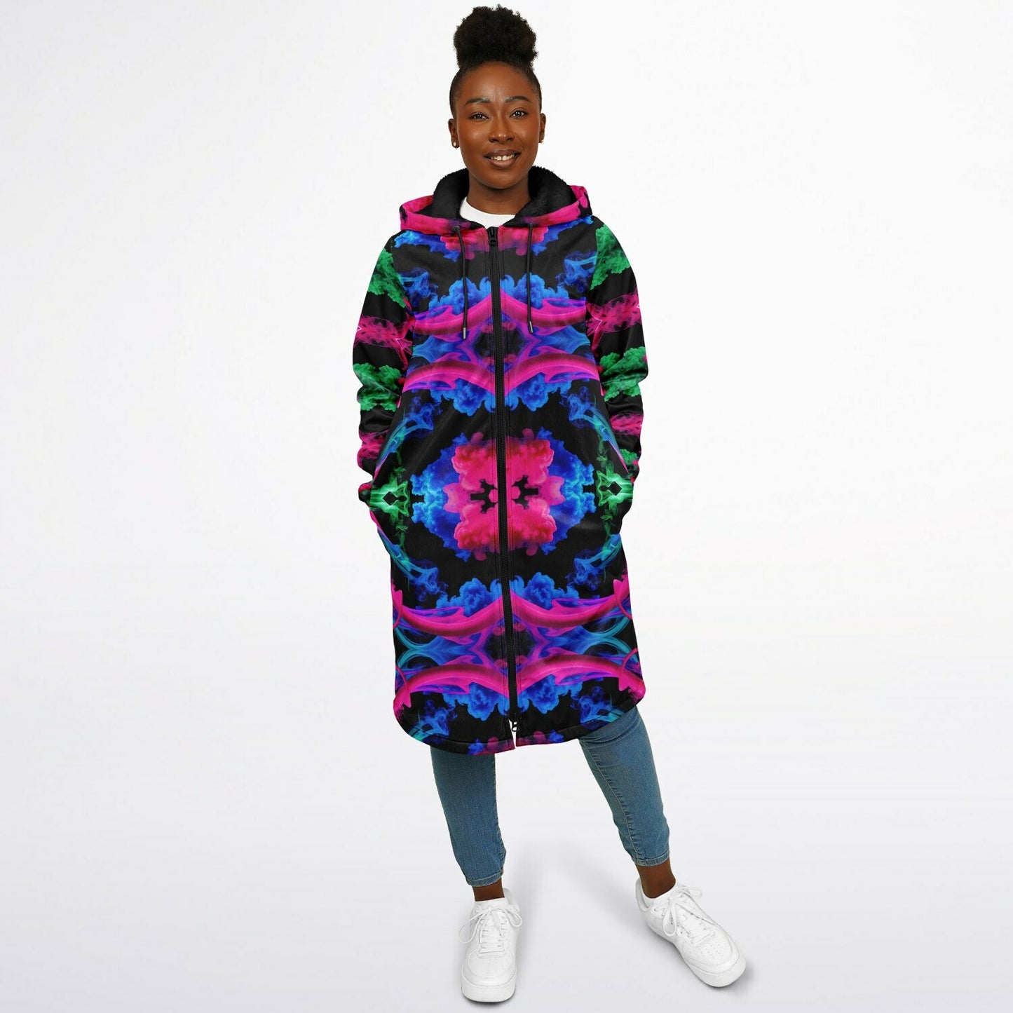 Neon Spectrum Cymatic Zip Cloak – Bold, Futuristic & Ultra-Cozy Longline Jacket