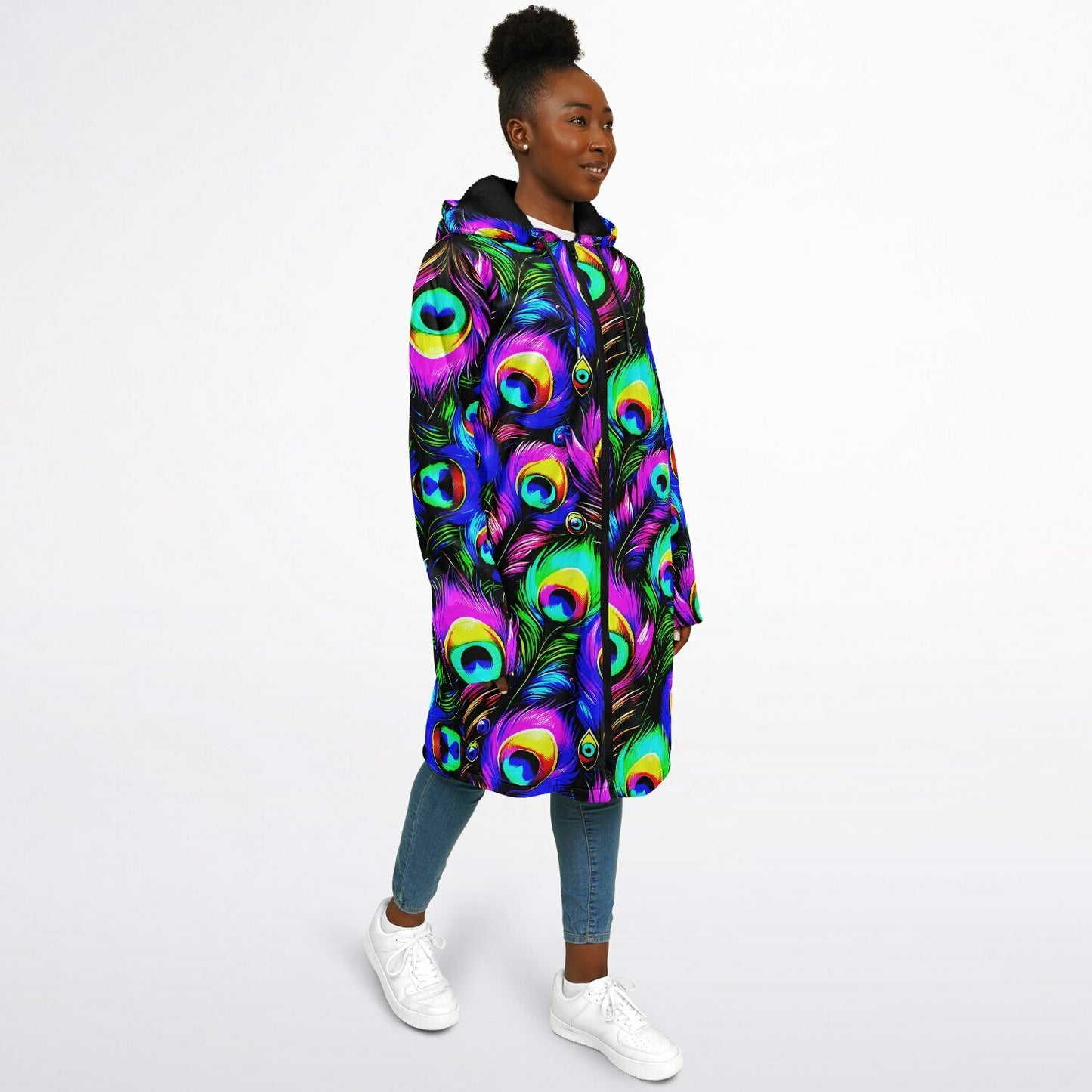 Psychedelic Peacock Print Zipper Cloak - Bold, Vibrant All-Over Design | Luxurious Comfort & Striking Style