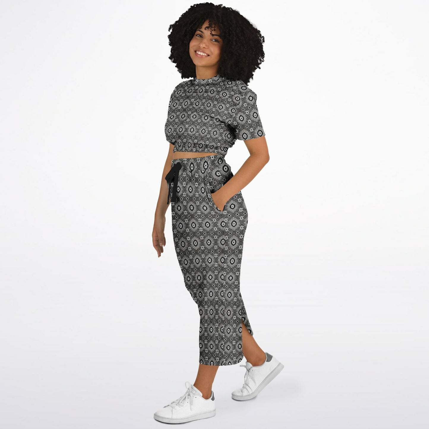 Geometric Grey Pattern Cropped Sweatshirt & Long Pocket Skirt Set – Minimalist Two-Piece Co-ord for Streetwear & Loungewear (AOP)