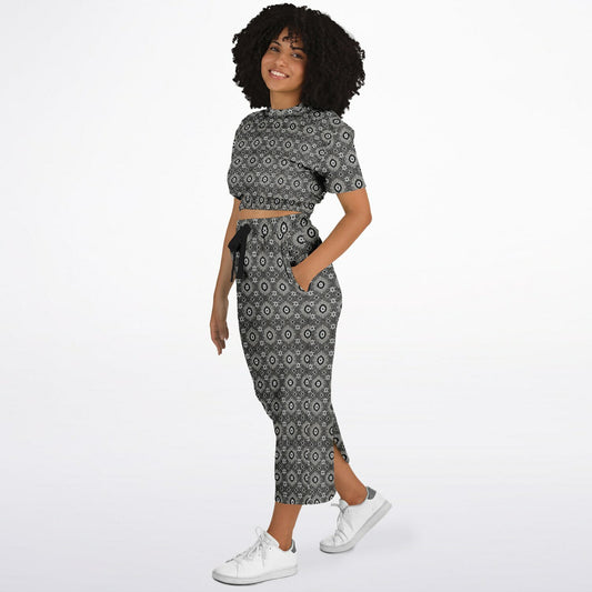 Geometric Grey Pattern Cropped Sweatshirt & Long Pocket Skirt Set – Minimalist Two-Piece Co-ord for Streetwear & Loungewear (AOP)