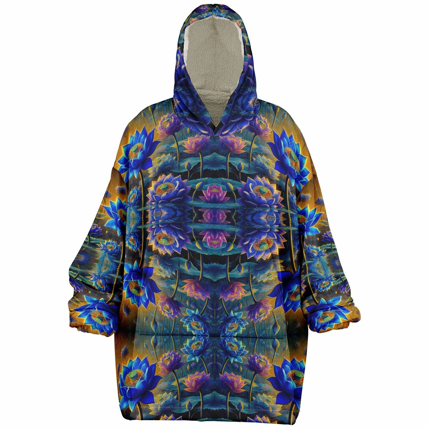 Blue Lotus Flower Snug Hoodie – Oversized Fleece-Lined Wearable Blanket, Unisex Cozy Loungewear (One-Size Fits Up to 5XL)