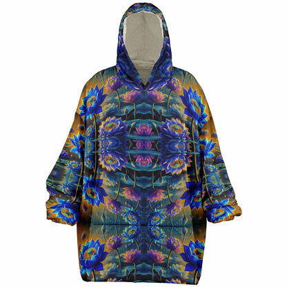 Blue Lotus Flower Snug Hoodie – Oversized Fleece-Lined Wearable Blanket, Unisex Cozy Loungewear (One-Size Fits Up to 5XL)