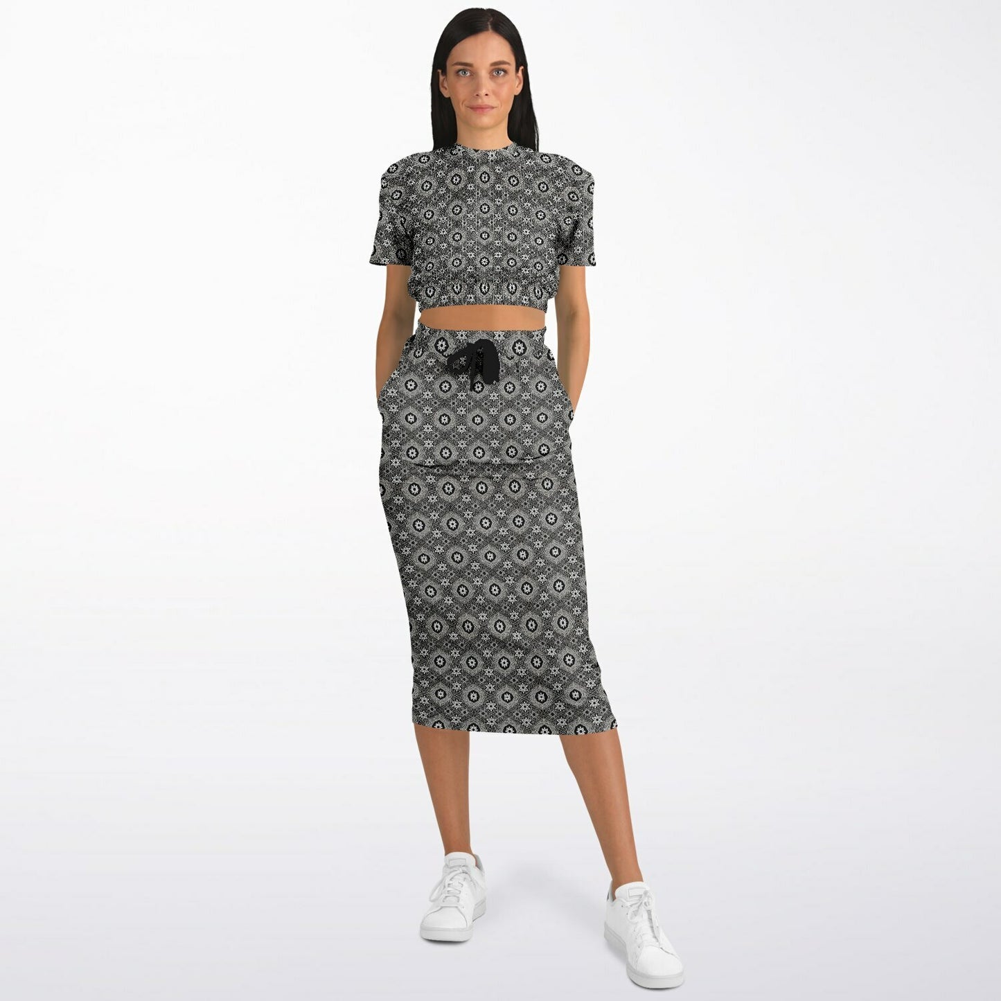 Geometric Grey Pattern Cropped Sweatshirt & Long Pocket Skirt Set – Minimalist Two-Piece Co-ord for Streetwear & Loungewear (AOP)