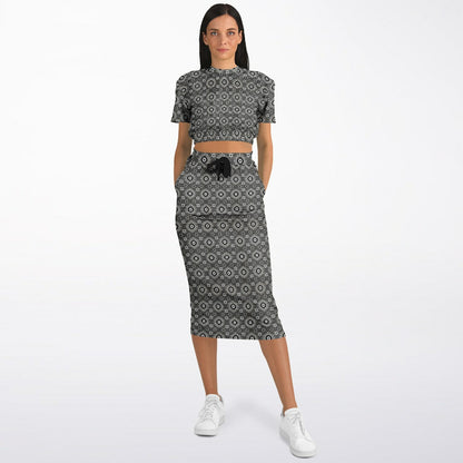 Geometric Grey Pattern Cropped Sweatshirt & Long Pocket Skirt Set – Minimalist Two-Piece Co-ord for Streetwear & Loungewear (AOP)