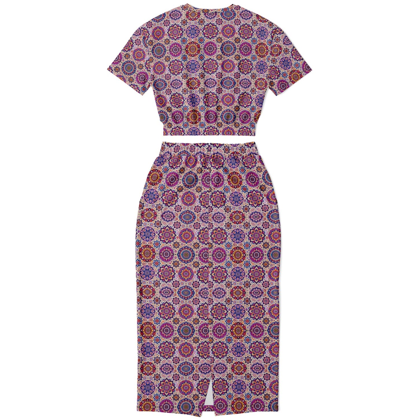 Athletic Cropped Short Sleeve Sweatshirt & Long Pocket Skirt Set – All-Over Print Activewear, Trendy Sportswear & Casual Wear for Women