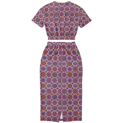 Athletic Cropped Short Sleeve Sweatshirt & Long Pocket Skirt Set – All-Over Print Activewear, Trendy Sportswear & Casual Wear for Women