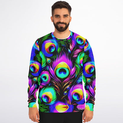 Peacock Neon Psychedelic Athletic Sweatshirt – Vibrant All-Over Print (AOP) | Bold Festival & Streetwear Fashion