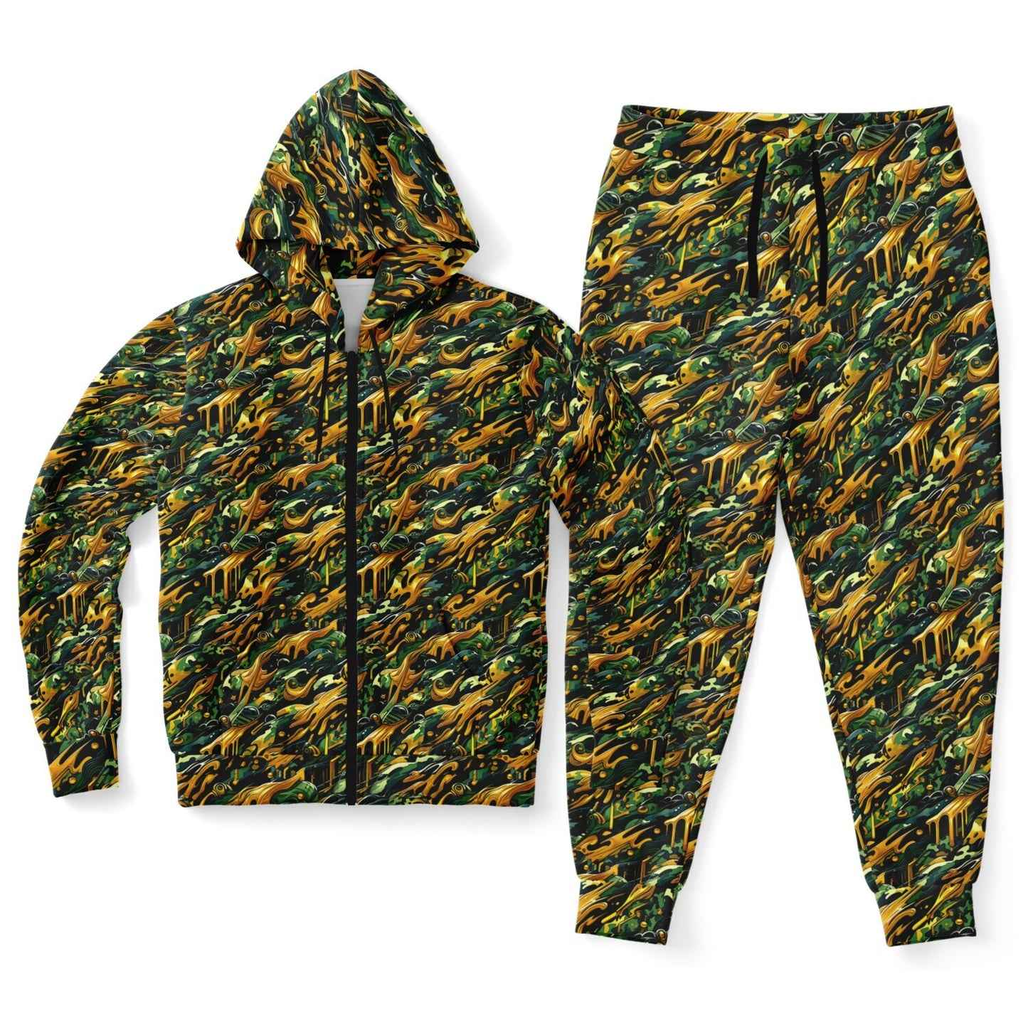Gold Camo Drip Zip Hoodie & Jogger Set – Bold Urban Streetwear Tracksuit with Luxury Camo Pattern (AOP) Unisex