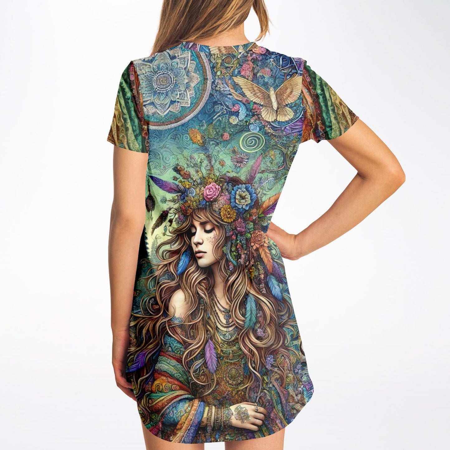 Spiritual Goddess Trinity Collection T-Shirt Dress – Unique Faces, Premium All-Over Print (AOP) for Boho Style and Comfort