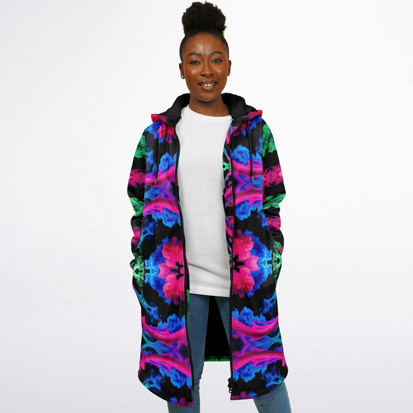 Neon Spectrum Cymatic Zip Cloak – Bold, Futuristic & Ultra-Cozy Longline Jacket