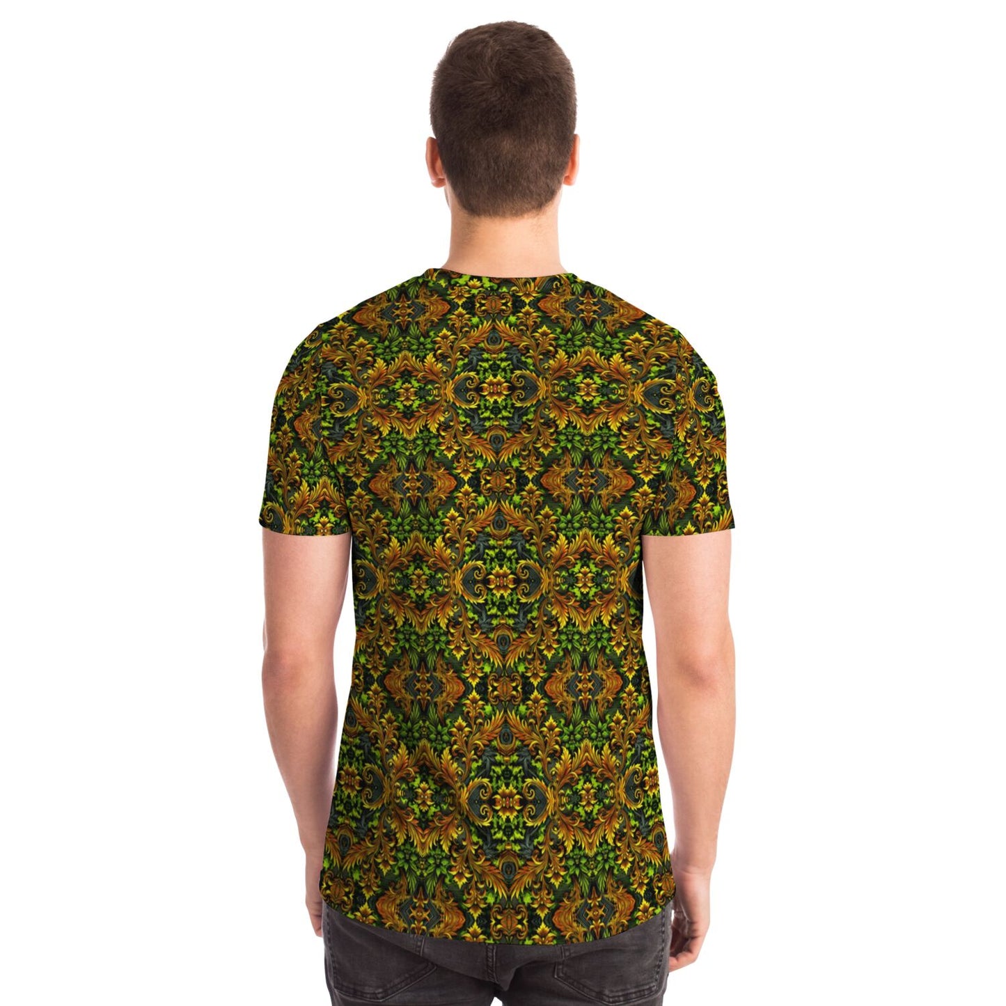 Emerald Green & Gold Pocket T-Shirt – All-Over Print, Stylish Casual Wear with Chest Pocket