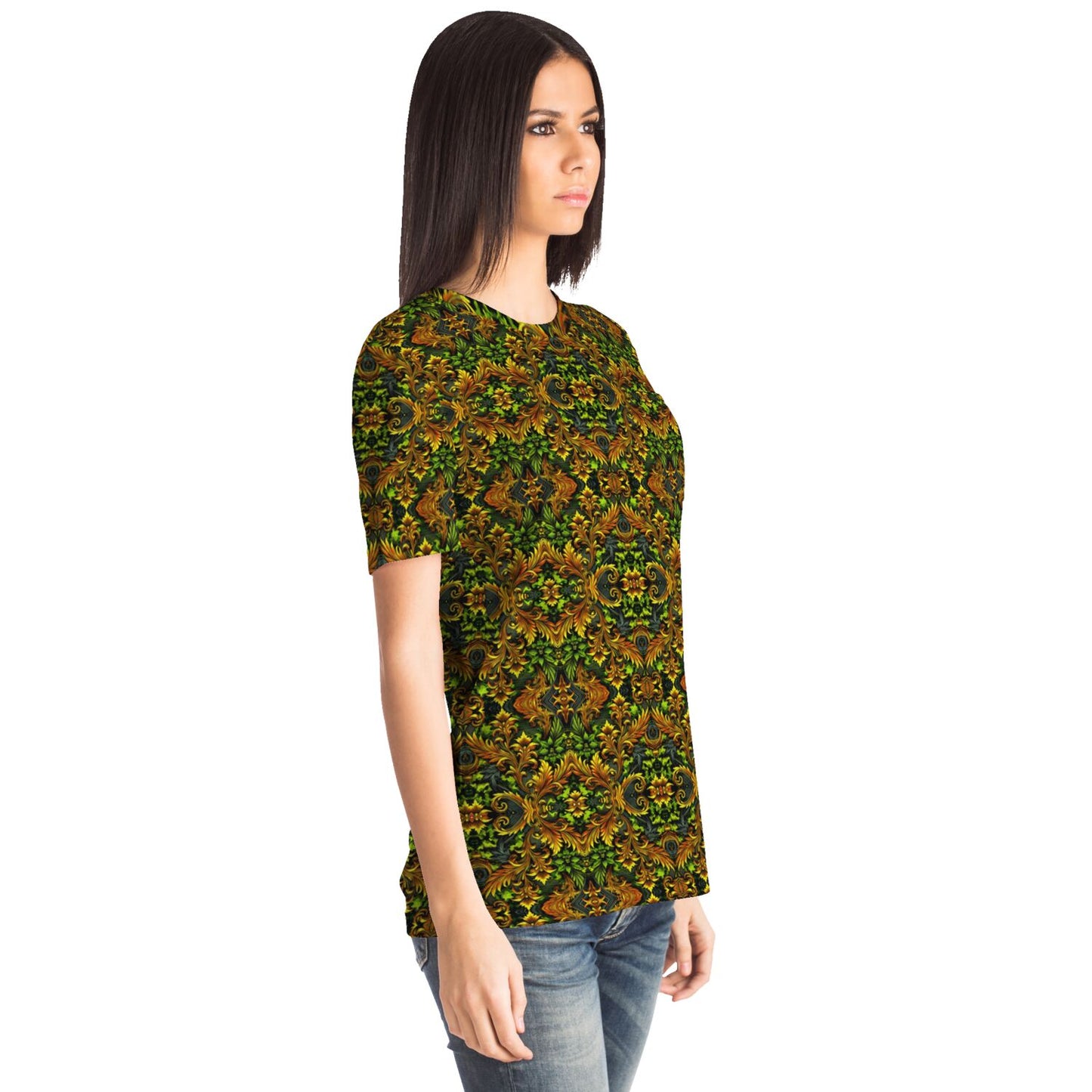 Emerald Green & Gold Pocket T-Shirt – All-Over Print, Stylish Casual Wear with Chest Pocket