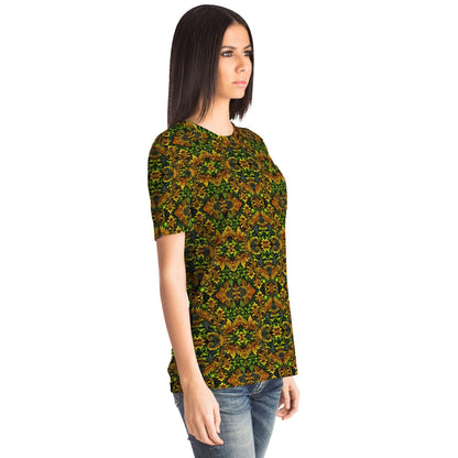 Emerald Green & Gold Pocket T-Shirt – All-Over Print, Stylish Casual Wear with Chest Pocket