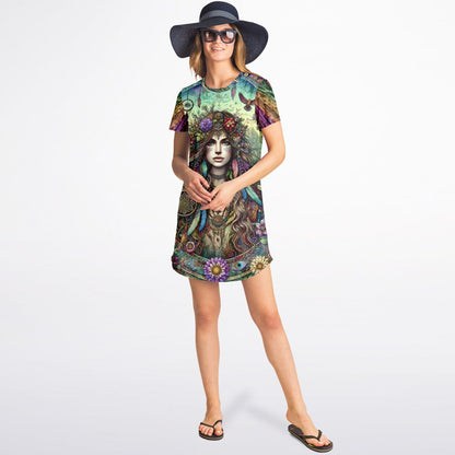 Spiritual Goddess Trinity Collection T-Shirt Dress – Vibrant All-Over Print (AOP) Featuring Unique Faces for Boho Chic Comfort