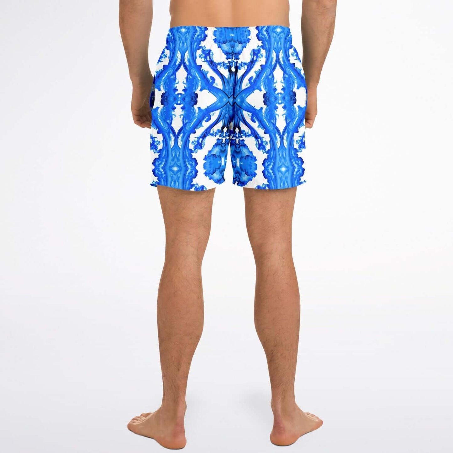 Back view of Ocean Blue Cymatic men's swim shorts featuring a vibrant blue abstract pattern.