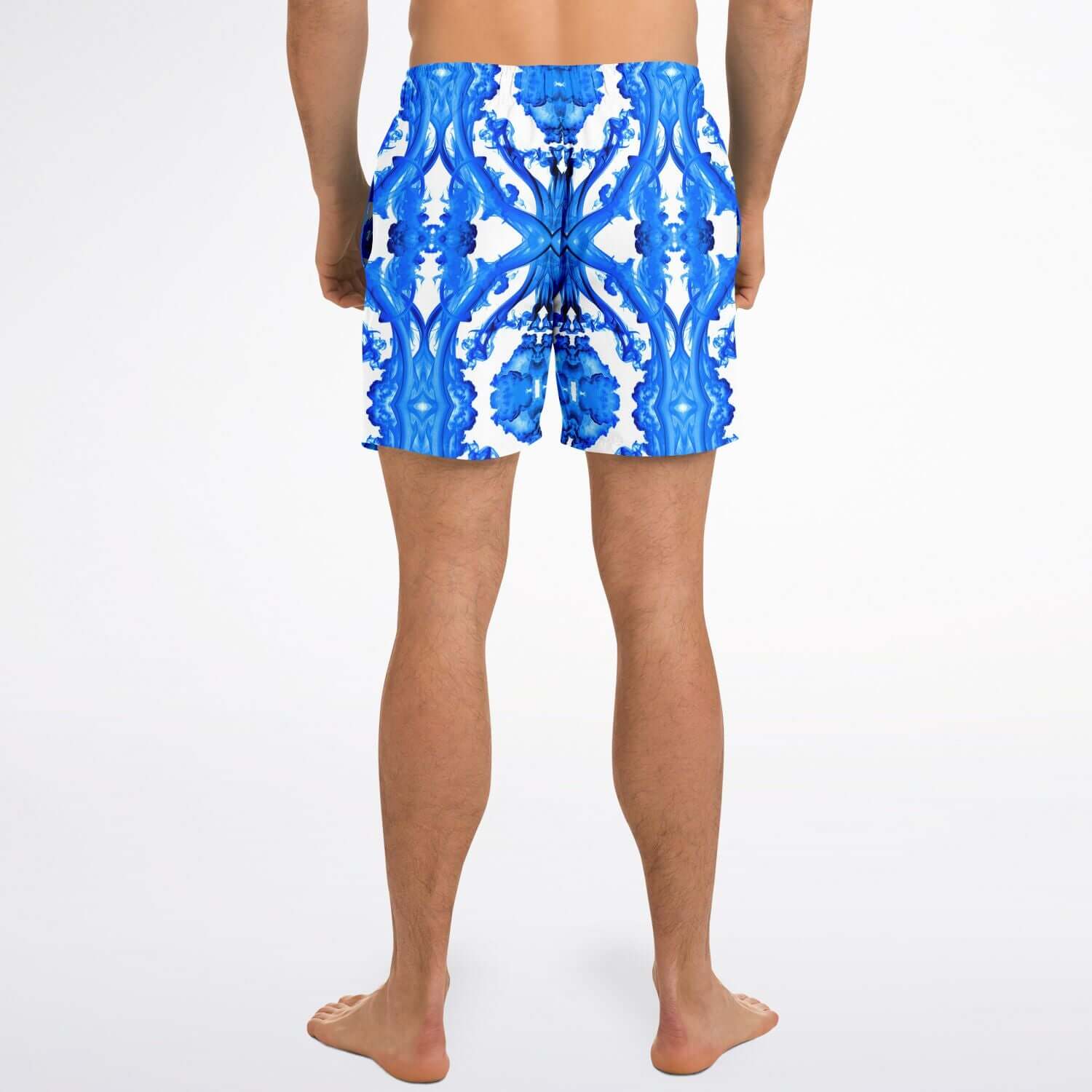 Back view of Ocean Blue Cymatic men's swim shorts featuring a vibrant blue abstract pattern.
