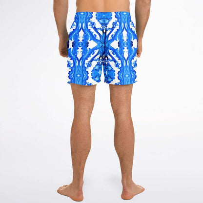 Back view of Ocean Blue Cymatic men's swim shorts featuring a vibrant blue abstract pattern.