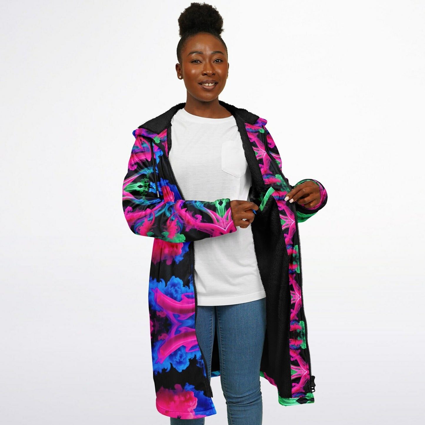 Neon Spectrum Cymatic Zip Cloak – Bold, Futuristic & Ultra-Cozy Longline Jacket