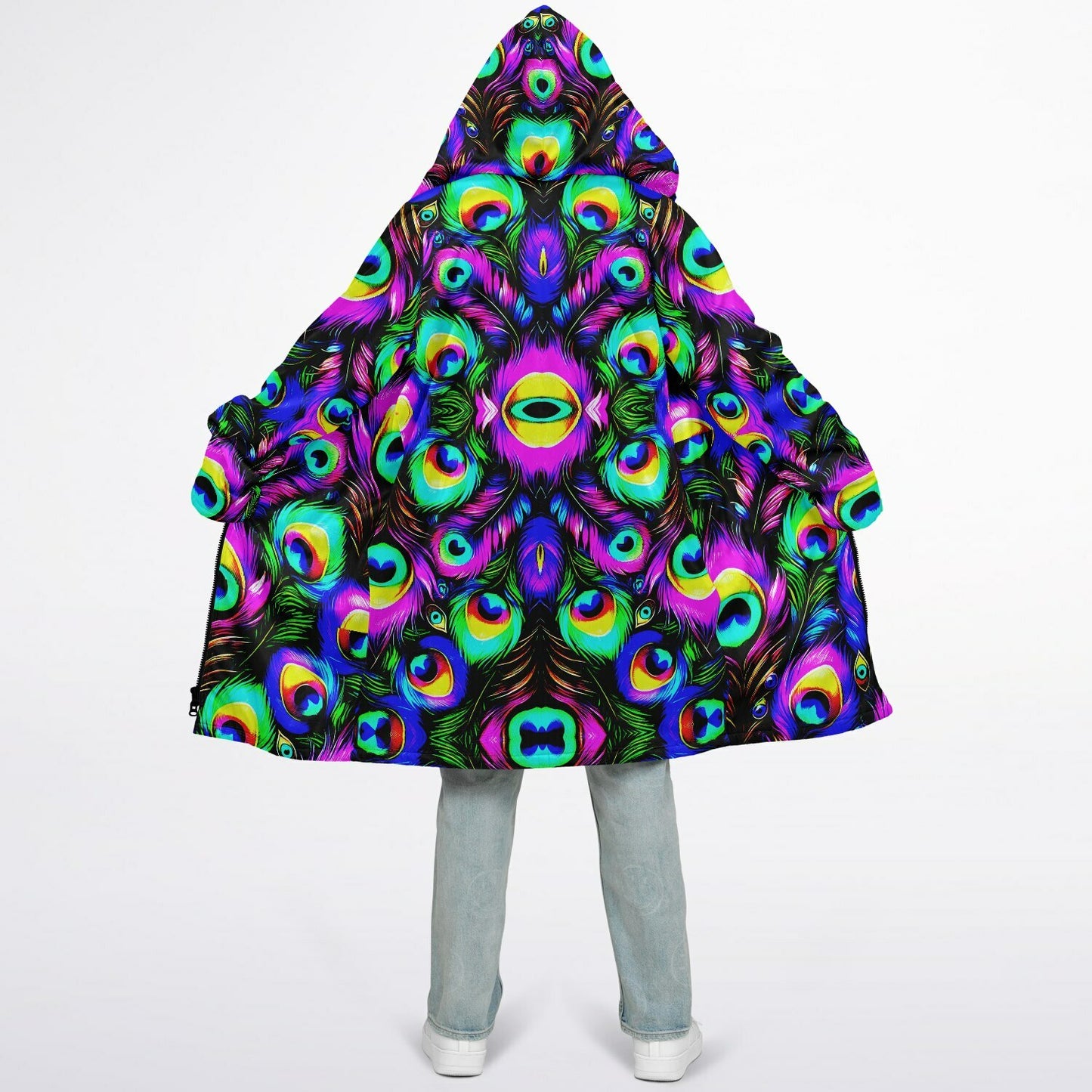 Psychedelic Peacock Print Zipper Cloak - Bold, Vibrant All-Over Design | Luxurious Comfort & Striking Style