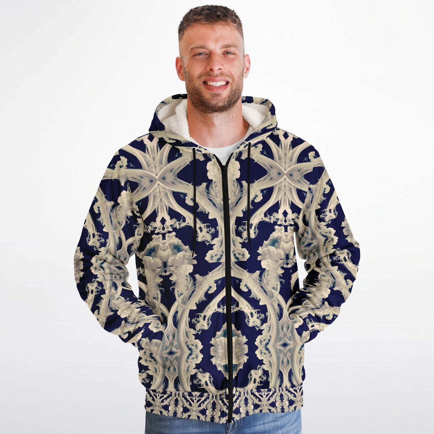 Clear Smoke, Cymatic, Microfleece Zip Hoodie – Sleek, Cozy & Futuristic All-Over Print Jacket