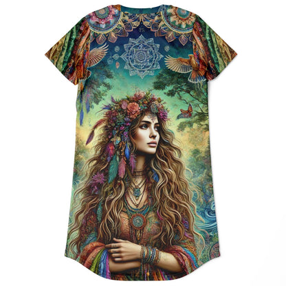Spiritual Goddess Trinity Collection T-Shirt Dress – Vibrant All-Over Print (AOP) Featuring Unique Faces for Boho Chic Comfort