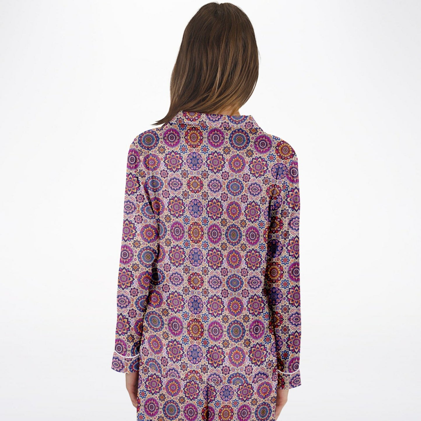 Luxury Pink Geometric Women’s Satin Pyjamas – All-Over Print Elegant Sleepwear, Soft & Comfortable Pajama Set for Women