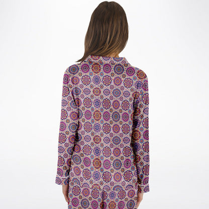 Luxury Pink Geometric Women’s Satin Pyjamas – All-Over Print Elegant Sleepwear, Soft & Comfortable Pajama Set for Women