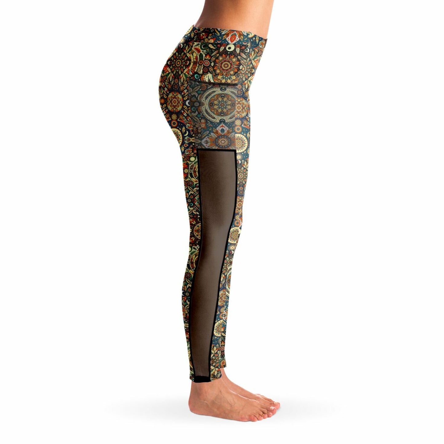 Boho Patchwork Mesh Pocket Leggings – Trendy All-Over Print (AOP) for Fashion-Forward Activewear