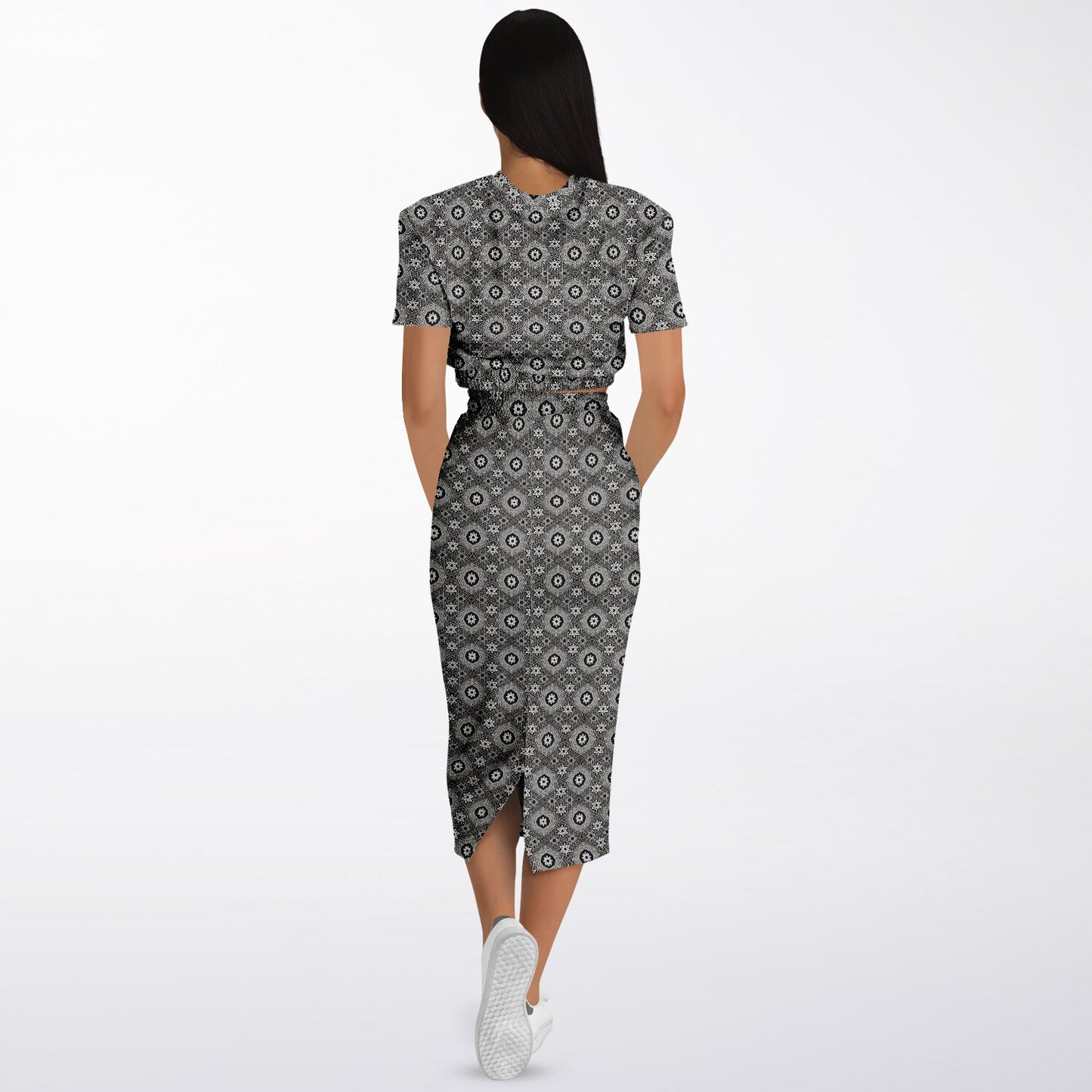 Geometric Grey Pattern Cropped Sweatshirt & Long Pocket Skirt Set – Minimalist Two-Piece Co-ord for Streetwear & Loungewear (AOP)