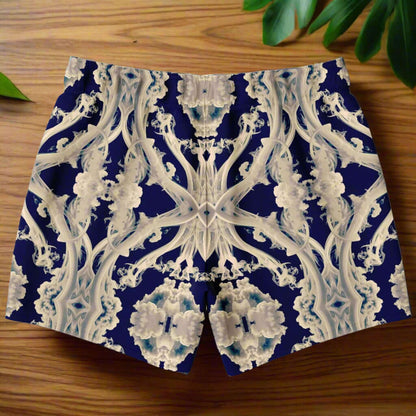 Clear Smoke Cymatic Men's Swim Trunks featuring a futuristic abstract pattern on a navy background