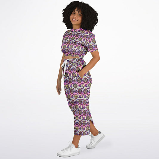 Geometric Pink Pattern Cropped Sweatshirt & Long Pocket Skirt Set – Bold Two-Piece Co-ord for Streetwear & Loungewear (AOP)