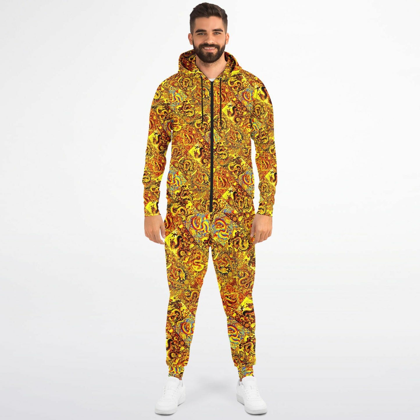 Gold Dragon Zip Hoodie & Jogger Set – Bold Streetwear Tracksuit with Mythical Asian-Inspired Design (AOP)