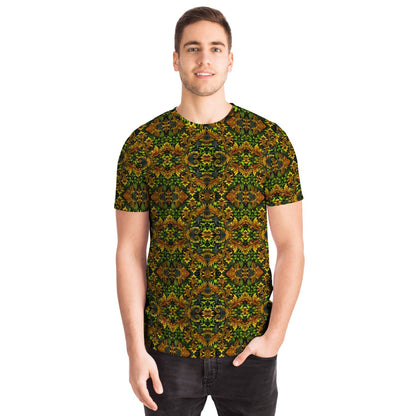 Emerald Green & Gold Pocket T-Shirt – All-Over Print, Stylish Casual Wear with Chest Pocket