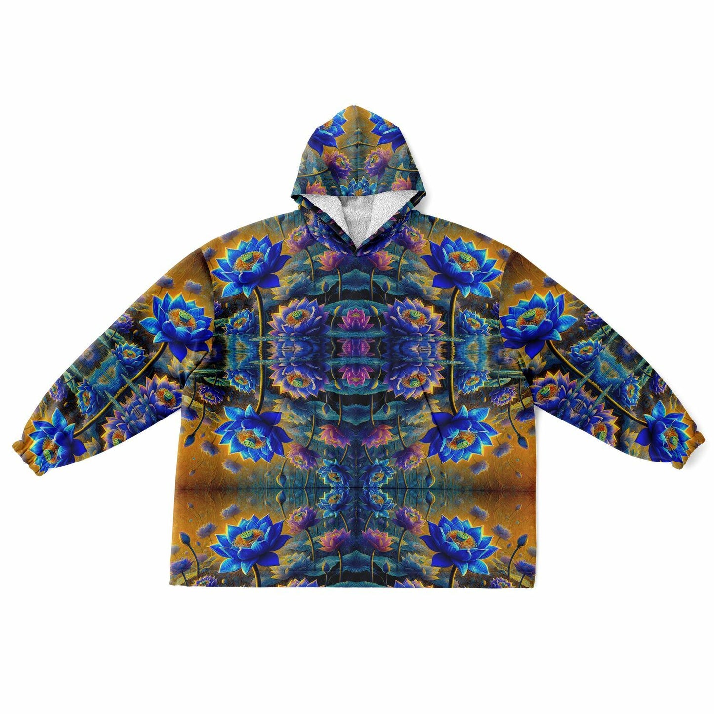 Blue Lotus Flower Snug Hoodie – Oversized Fleece-Lined Wearable Blanket, Unisex Cozy Loungewear (One-Size Fits Up to 5XL)