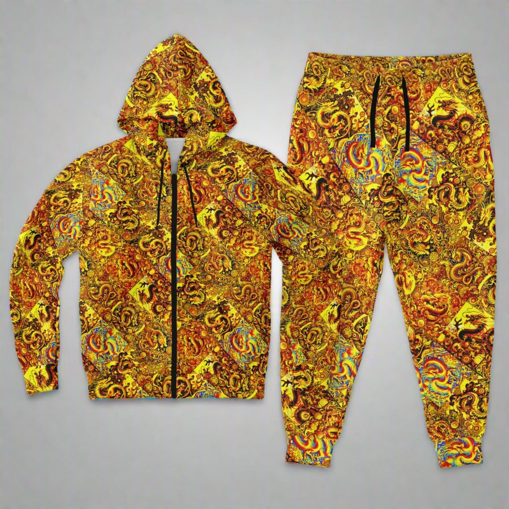 Gold Dragon Zip Hoodie & Jogger Set – Bold Streetwear Tracksuit with Mythical Asian-Inspired Design (AOP)