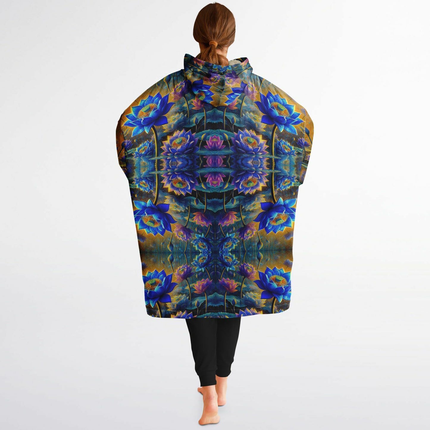 Blue Lotus Flower Snug Hoodie – Oversized Fleece-Lined Wearable Blanket, Unisex Cozy Loungewear (One-Size Fits Up to 5XL)