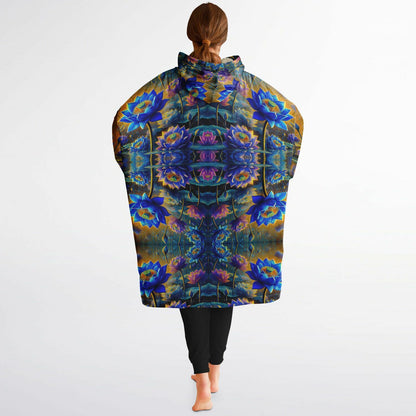 Blue Lotus Flower Snug Hoodie – Oversized Fleece-Lined Wearable Blanket, Unisex Cozy Loungewear (One-Size Fits Up to 5XL)