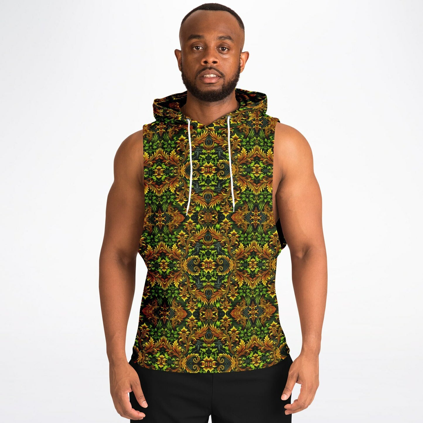 Emerald Green & Gold Athletic Drop Armhole Hoodie – All-Over Print, Lightweight & Breathable Activewear