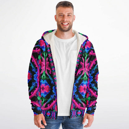 Neon Spectrum Cymatic Microfleece Zip Hoodie – Vibrant, Cozy & Bold All-Over Print Jacket