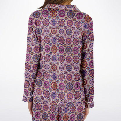 Luxury Pink Geometric Women’s Satin Pyjamas – All-Over Print Elegant Sleepwear, Soft & Comfortable Pajama Set for Women