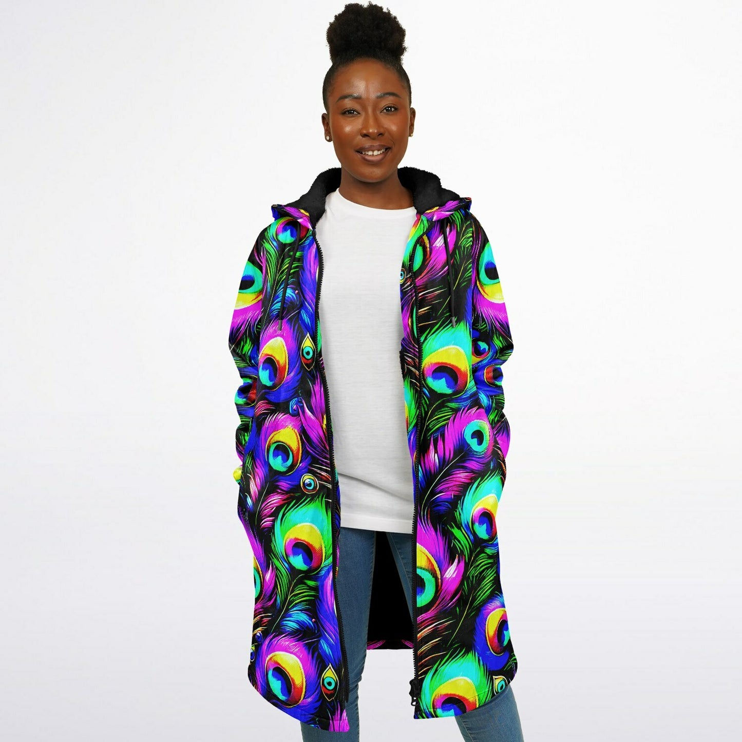 Psychedelic Peacock Print Zipper Cloak - Bold, Vibrant All-Over Design | Luxurious Comfort & Striking Style