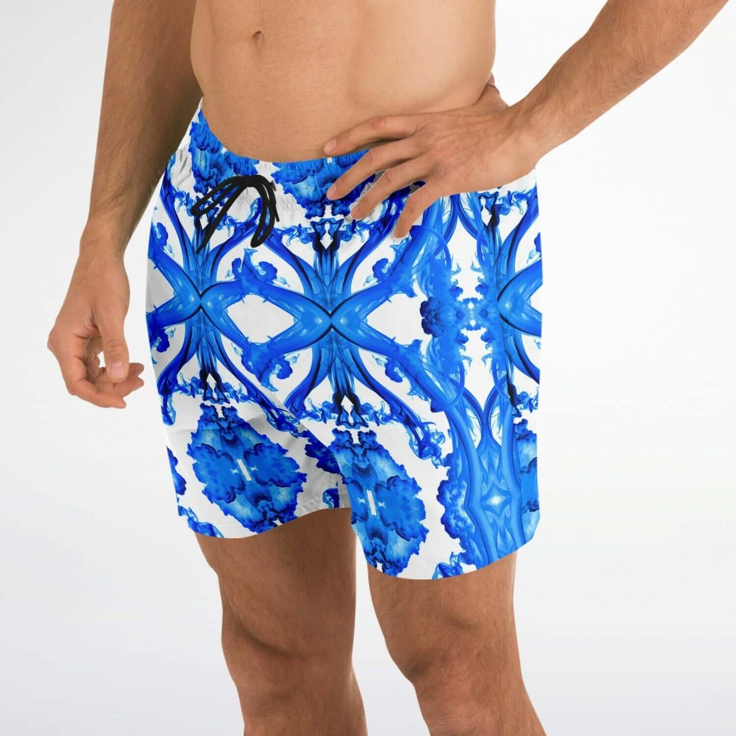Ocean blue men's swim shorts featuring a stylish abstract design, perfect for beach and water activities.