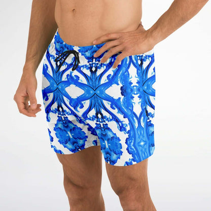 Ocean blue men's swim shorts featuring a stylish abstract design, perfect for beach and water activities.