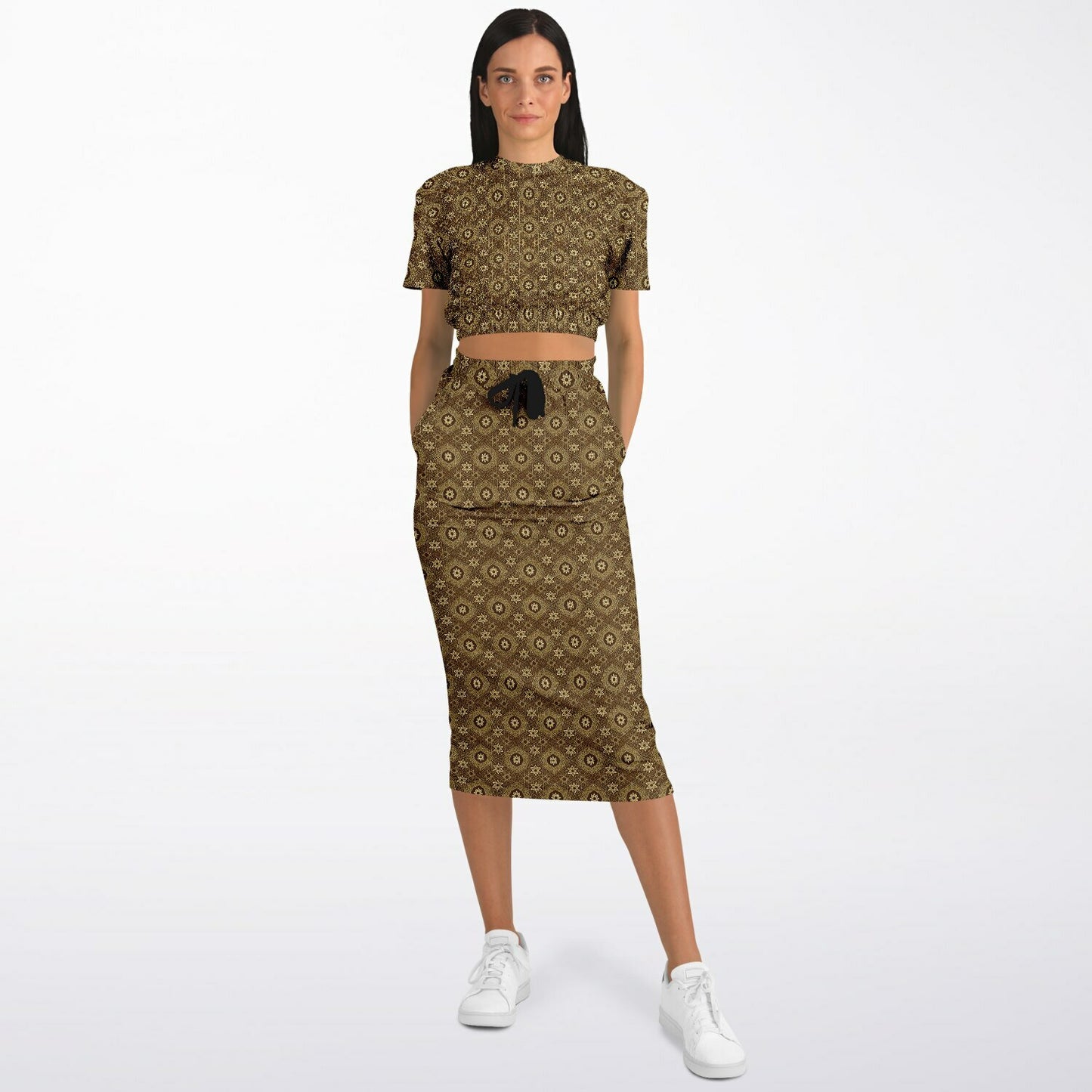 Geometric Gold Pattern Cropped Sweatshirt & Long Pocket Skirt Set – Bold Two-Piece Co-ord for Streetwear, Loungewear & Casual Outfits (AOP)