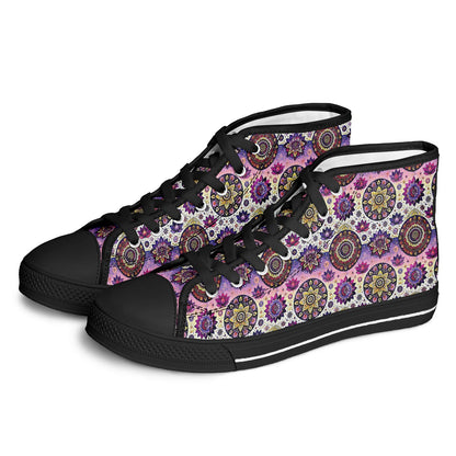 Geometric Pink & White High-Top Sneakers – All-Over Print Urban Streetwear, Trendy Casual Shoes